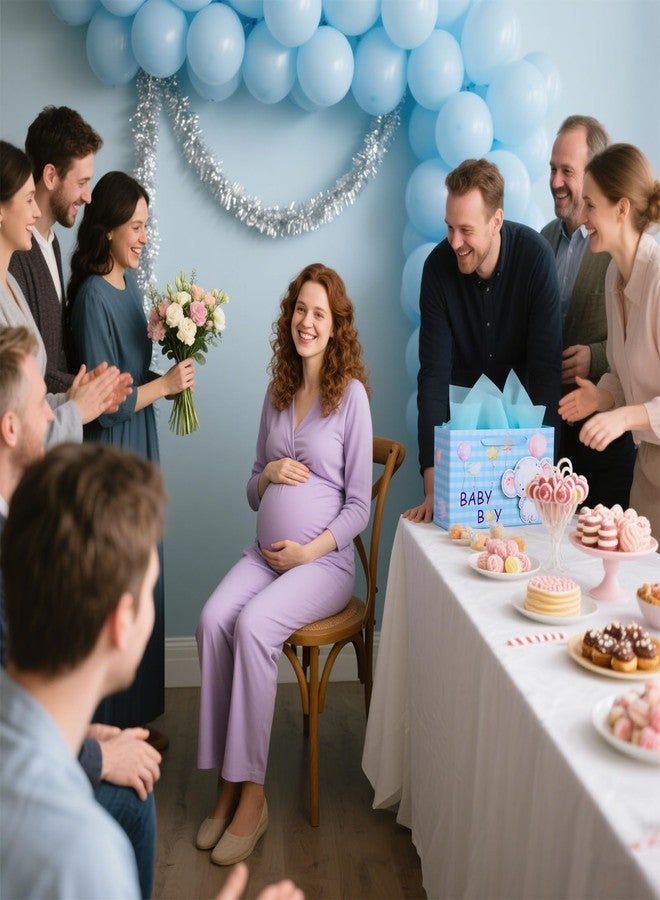 جوهاوس حقيبة هدايا للمواليد الذكور من جوهاوس، حقائب هدايا زرقاء مقاس 13 بوصة مع شريط مناديل ورقية وبطاقة تهنئة لحفل استقبال المولود الجديد أو عيد ميلاده الأول أو حفل الكشف عن جنس المولود - Image 3